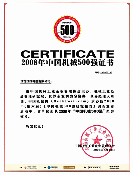 中国机械500强证书
